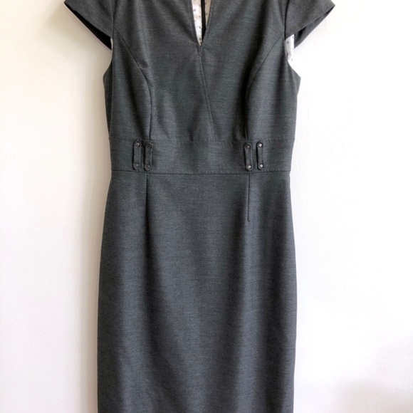 Tahari by Arthur S. Levine Belted Split Neck Sheath Dress - Size 4, gray - Picture 6 of 9